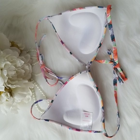 Triangle Push-Up Style String Bikini Top Abstract Print Ruched Detail - Picture 4 of 6